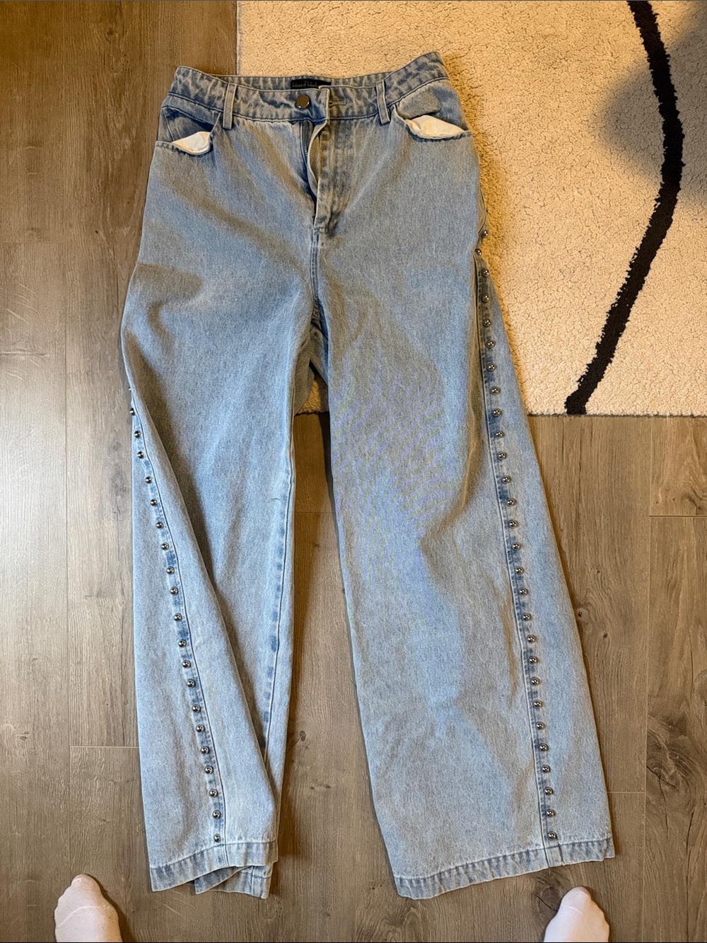 House of Harlow Light Blue Women's Wide-Leg Jeans with Side Stud Detail